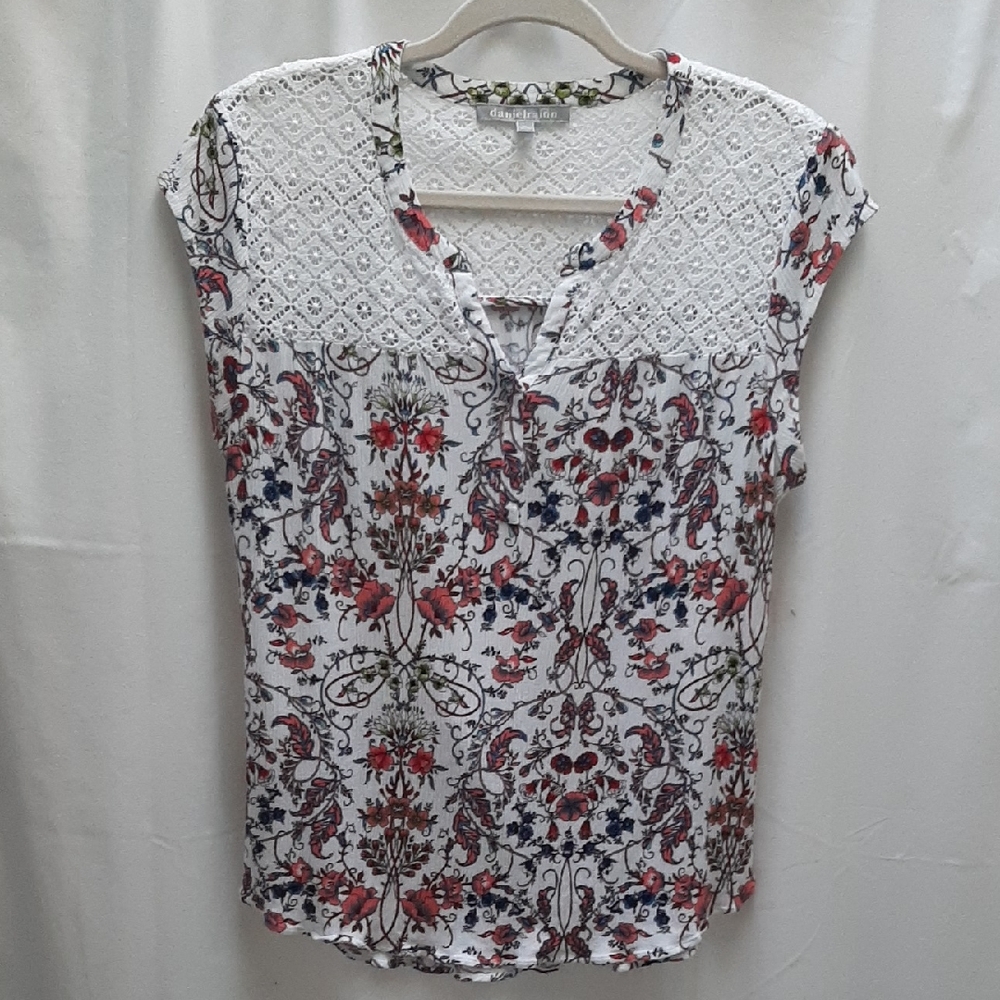 Daniel Rainn White and Red Floral Lace Blouse Sz L